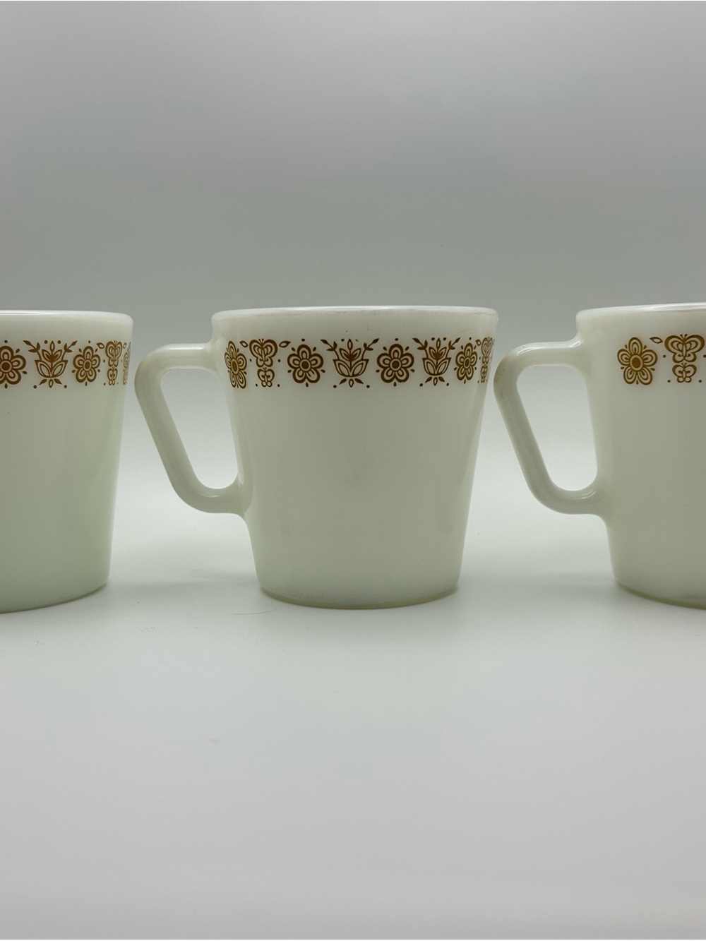 3 Vintage White Milk Glass Mug with Brown Floral Border - Pyrex Golden Butterfly